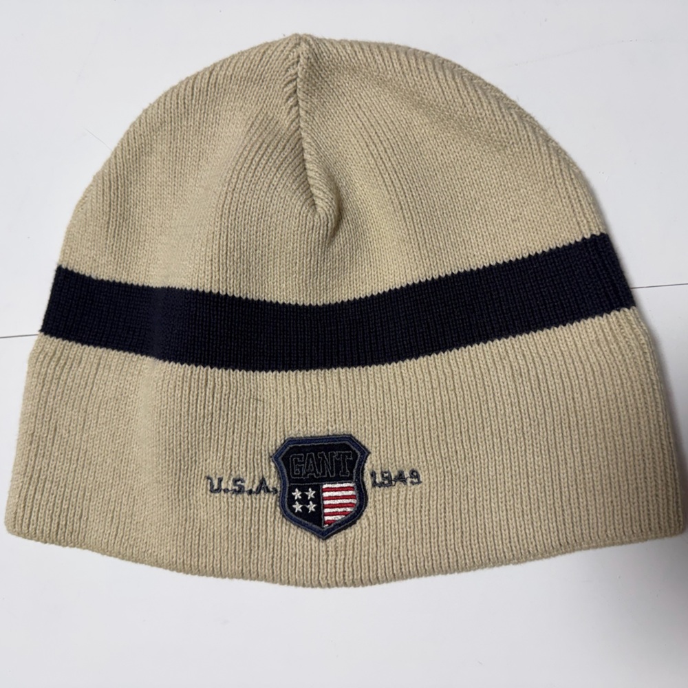 Gant Beige and Navy Embroidered USA beanie hat